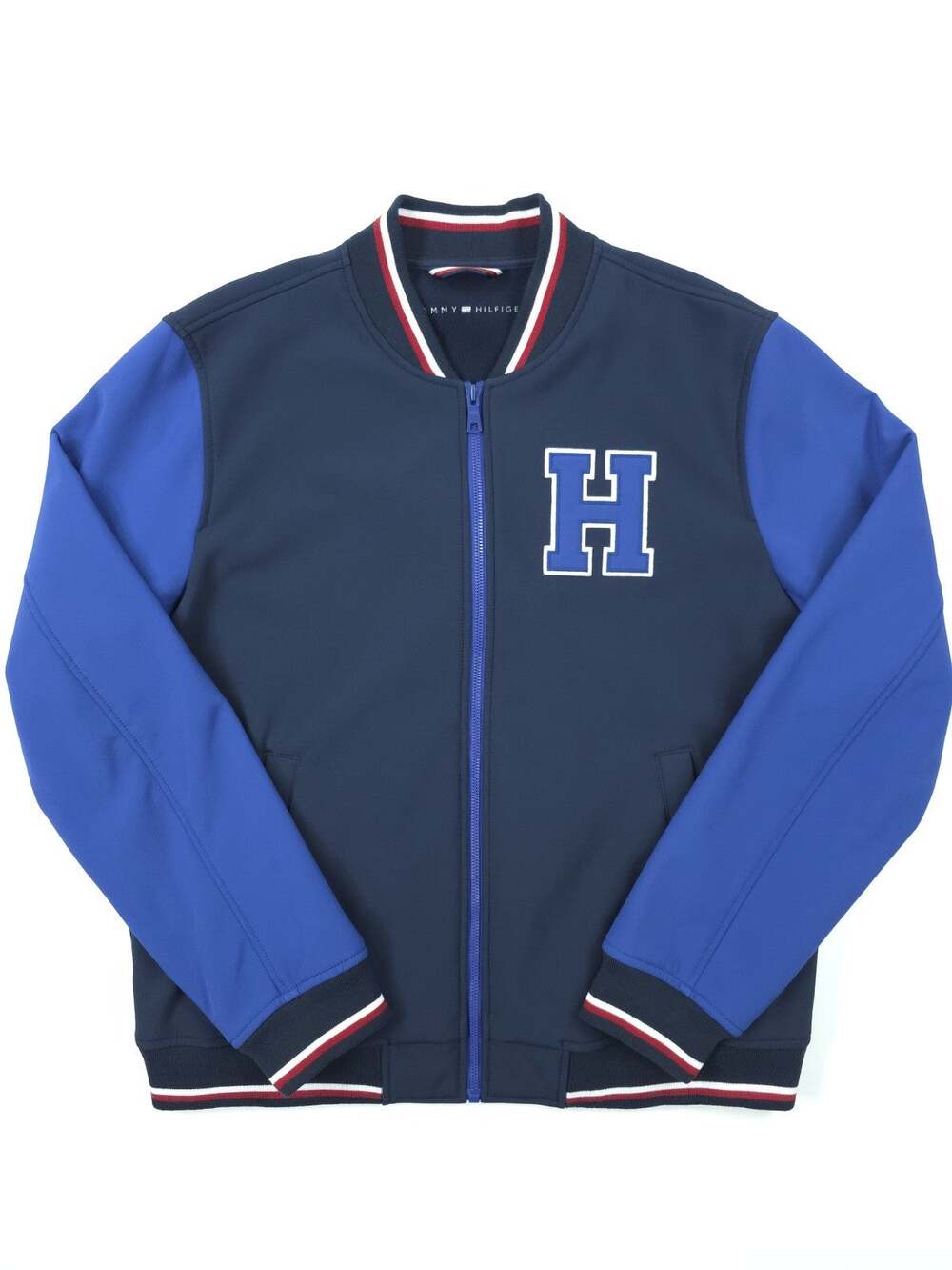 Tommy Hilfiger Mens Retro Varsity Bomber Jacket Navy Blue H Logo Letterman Sz L